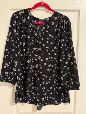 NYDJ Black Floral Peasant Tunic Blouse | Size XL | Bell Sleeve